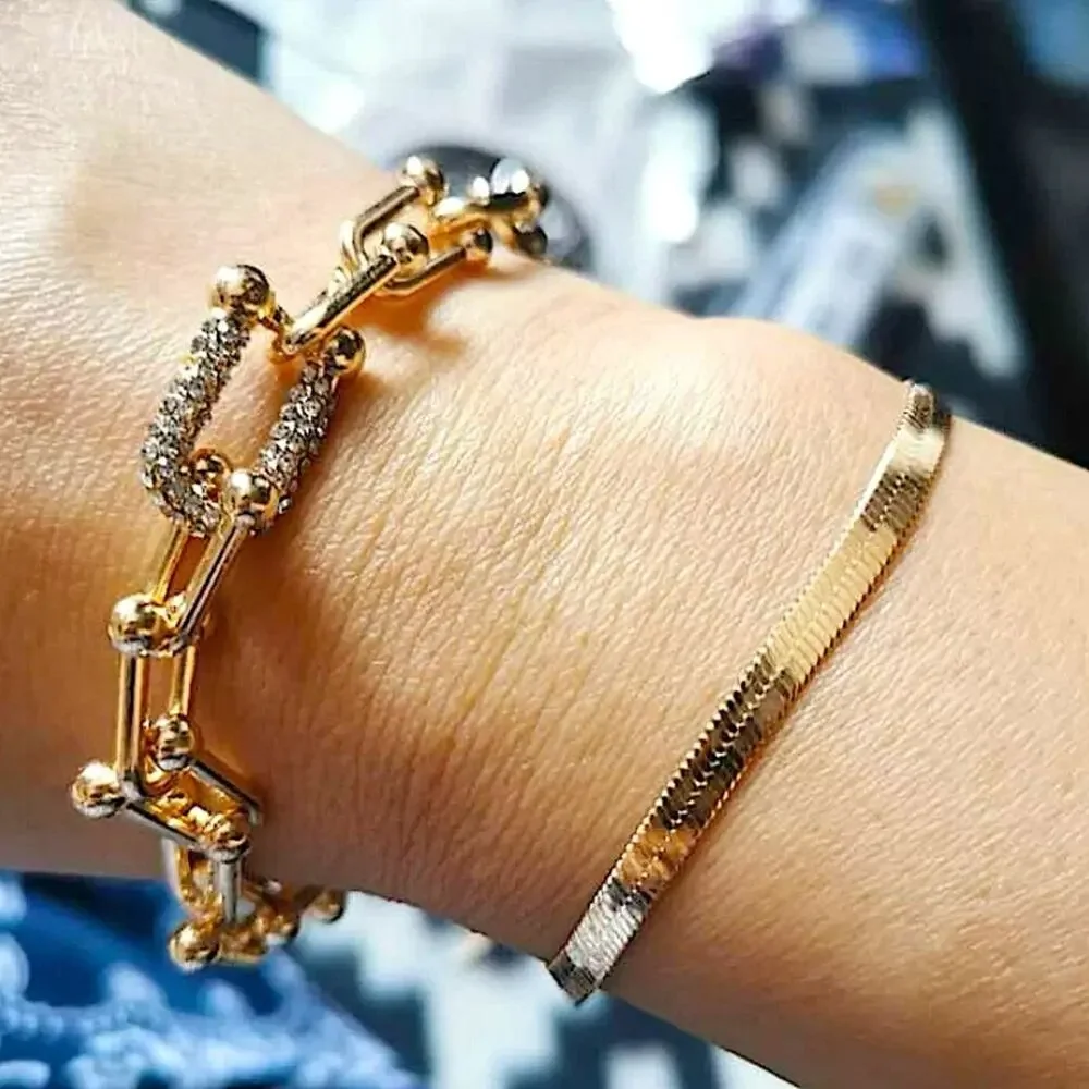 GOLD RHINESTONE U LINK BRACELET 2 PIECE BRACELET SET